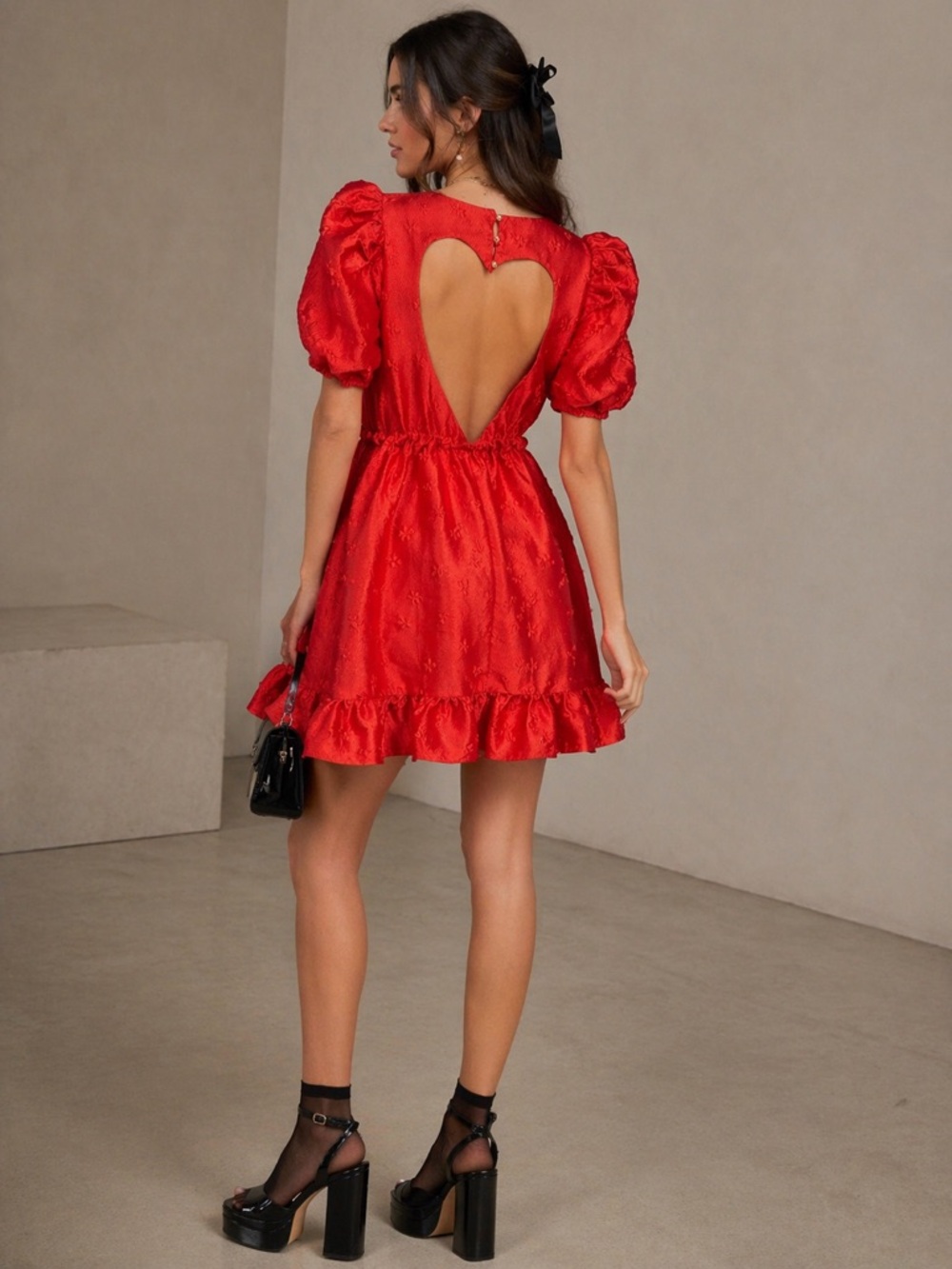 Sister Jane Red Heart-Back Puff Sleeve Mini Dress